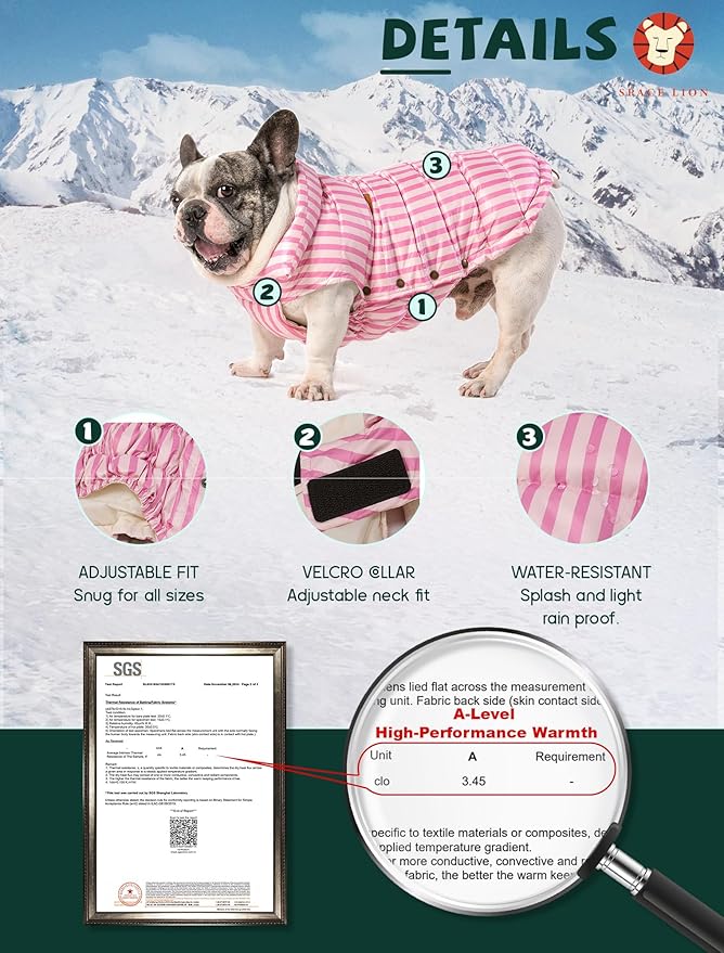 SPACE LION Puffer Jacket, Down Winter Coat, Durable Outdoor Coat for Cold and Windy Conditions, Waterproof, Windproof, Lightweight Jacket, Adjustable Fit for Small, Medium Dogs(Pink,M)