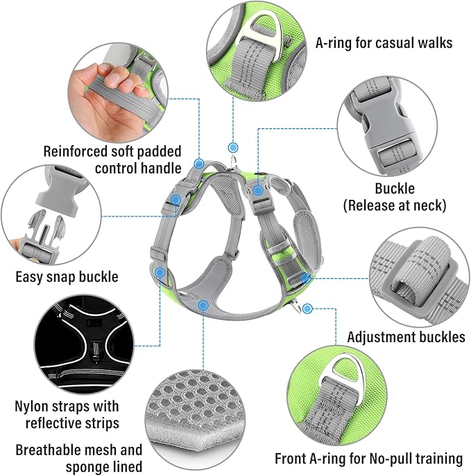 Plutus Pet No Pull Dog Harness, Release at Neck, Reflective Adjustable Dog Vest Harness, Easy Control Handle for Walking, for Small Medium Large Dogs, Green, XL