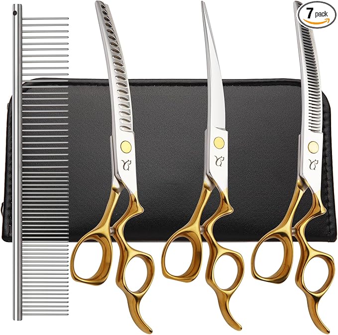 Dog Grooming Scissors,Curved Chunkers Shears Deg Grooming with Safety Round Tips, Sharp and Comfortable 4 in 1 Dog Scissers for Grooming