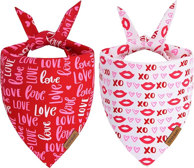 Valentines Dog Bandana - 2 Pack Triangle Dog Bandanas | Reversible Love and Heart Pet Scarf | Premium Durable Fabric | Boys & Girls | Holiday Bandana for Medium and Large Dogs (Large)