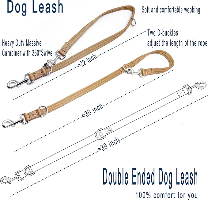 Double Ended Dog Leash,for Obedience Training Easy to Use,Lightweight,Soft for Large and Medium Dogs (Light Military Tan, 1M*2.5CM)