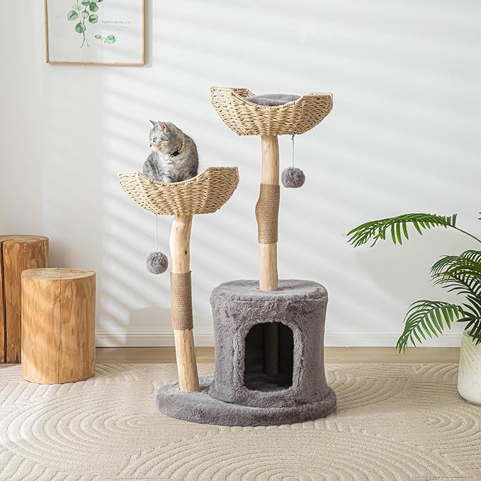 Modern Cat Tree for Indoor Cats Large Adult, 46" Tall Wooden Cat Tower for Large Cats with Scratching Post, Luxury Cat Condo, Grey