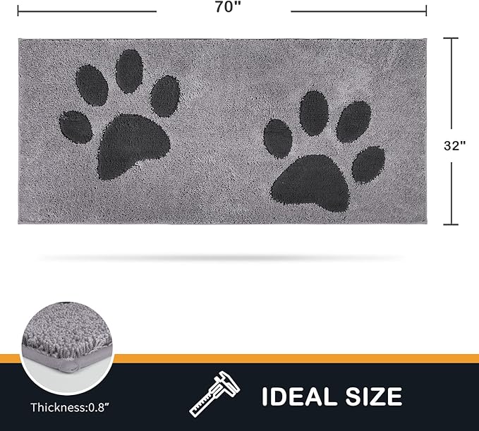 PURRUGS Dirt Trapping Door Mat 32" x 70", Non-Skid/Slip Machine Washable Microfiber Entryway Rug, Dog Doormat, Super Absorbent Welcome Mat for Muddy Wet Shoes and Paws, Grey