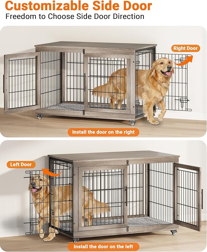 Dog Crate Furniture with Cushion, Wooden Dog Kennel Indoor with Double Doors, Dog Cage with Wheels, Dog House Side End Table for Large Dogs up to 85 lb, 44" L, Grey