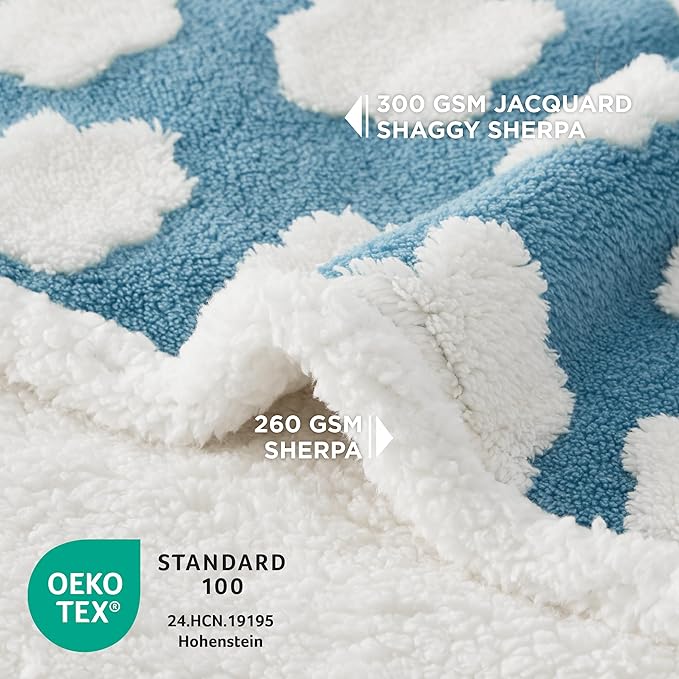 LE SURE Waterproof Puppy Blanket for Small Dogs - Washable Double Sided Dog Blankets with Warm Jacquard Shag and Soft Sherpa Fleece, Pet Cat Blanket for Couch Protection, 3D Textured Cloud, Blue