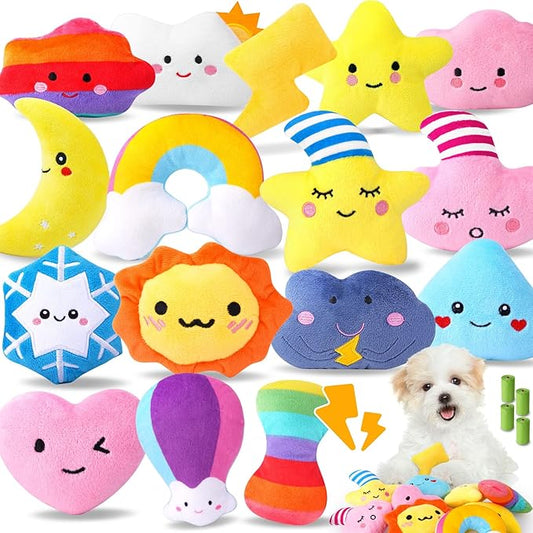 Irresistible Weather-Themed 20-Pack Squeaky Dog Toys Set for Small Dogs & Puppies, Included 16 Plush Toys with Vibrant Characters to Keep Them Busy & 4 Dog Bags