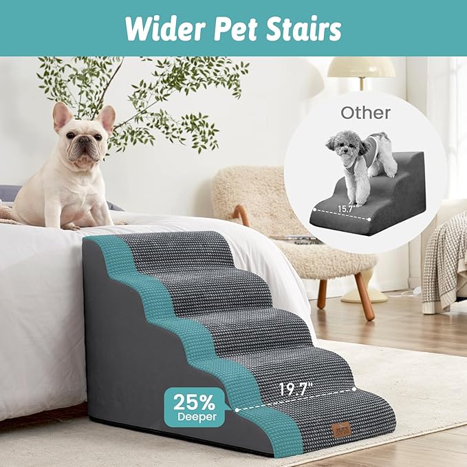 Extra Wide Dog Stairs 19.7" Width, Large Pet Step for Small Medium Dog, Puppy or Cat, Ramp for High Bed or Car, High Density Foam Ladder, Stable, 5 Step, 19.7x33x22.4 in, Charcoal Grey