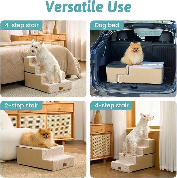 Dog Stairs for Small Dogs, 4 Tier Removable Pet Stairs for Couch and Bed, 17.7" H Dog Steps for Old Cats, Puppy, Small Dogs, 15.7x23.6x17.7 inch, Beige