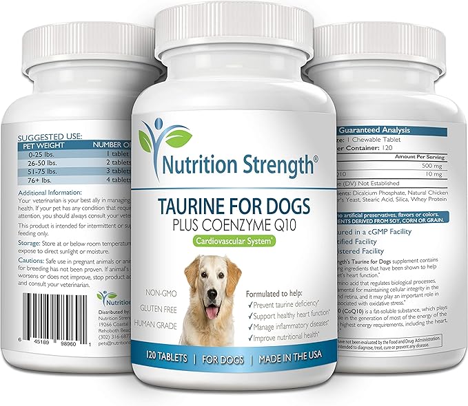 Taurine for Dogs, Support for a Healthy Heart Function, Resist Inflammatory Diseases, with Coenzyme Q10 to Help Manage Heart Failure and DCM in Dogs, 120 Chewable Tablets