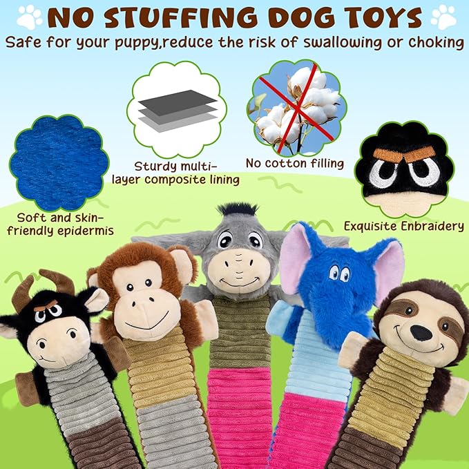 5 Pack No Stuffing Dog Squeaky Toys, Dog Chew with Crinkle and Squeaker, Cute Animal Plush to Keep Them Busy, Suitable for Large and Aggressive Chewers