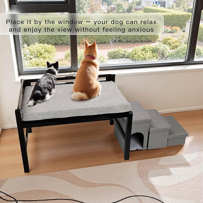 Bedside Dog Bed with Stairs，27×41 Wooden Elevated Dog Bed Cosleeper with Removable Mattress, Foldable 3-Step Stairs & Guardrail, Bassinet-Style Pet Bed for Large Dogs