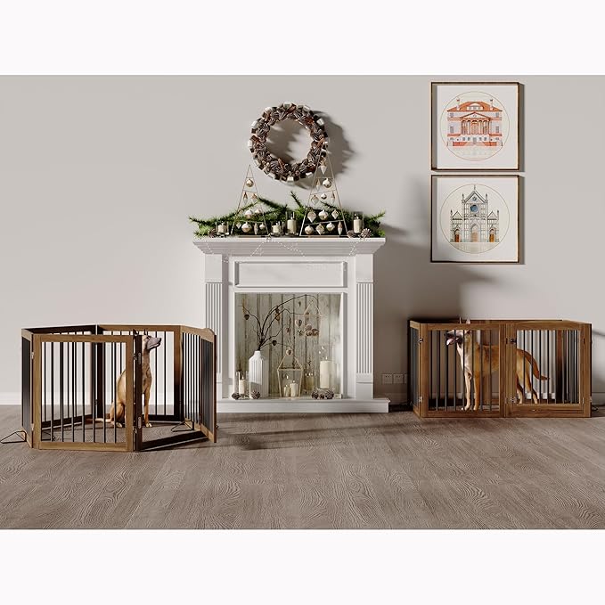 Vantas Folding Pet Gate 144" Wide, 30" Tall No-Assembly Wooden Dog Gate with Door Walk Through, Freestanding Pet Gate, Puppy Safety Fence, with 2PCS Support - Brown