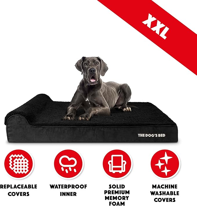 The Dog’s Bed Orthopedic Headrest Dog Bed XXL Black Plush, Memory Foam, Pain Relief for Arthritis, Hip & Elbow Dysplasia, Post Surgery, Lameness, Waterproof Washable Cover