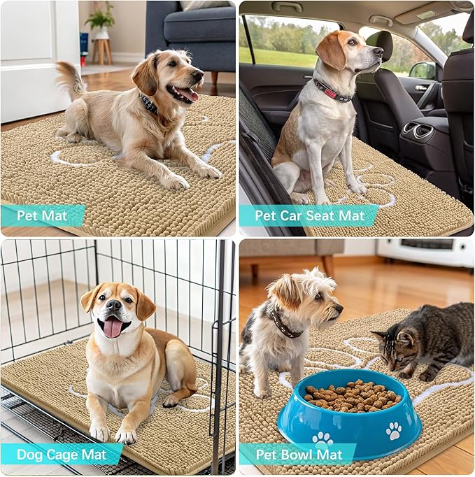 OLANLY Dog Door Mat for Muddy Paws 36x24, Paw Print Design, Absorbs Moisture and Dirt, Absorbent Non-Slip Washable Doormat, Quick Dry Chenille Mud Mat for Dogs, Entry Indoor Entryway Carpet, Beige