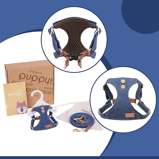 No Pull xs Dog Harness with Multifunction Dog Leash,Soft Adjustable No Choke Escape Proof Pet Harness Vest,Denim Blue,XXS