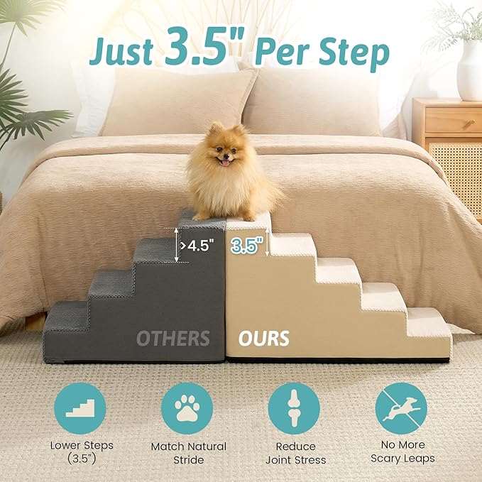 Slope Dog Stairs for Small Dogs 17.7" H, Pet Steps for Bed, Couch with Certified Foam, Non-Slip Dog Ramp Ladder for Puppy Older Cats, 5 Step, Beige