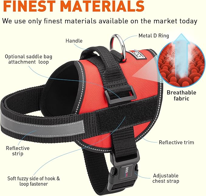 Dogline Dog Harness, Reflective No-Pull Adjustable Vest with Handle for Walking, Training, Service Breathable No - Choke Harness for Small, Medium or Large Dogs Room for Patches Girth 33"-46" in Red
