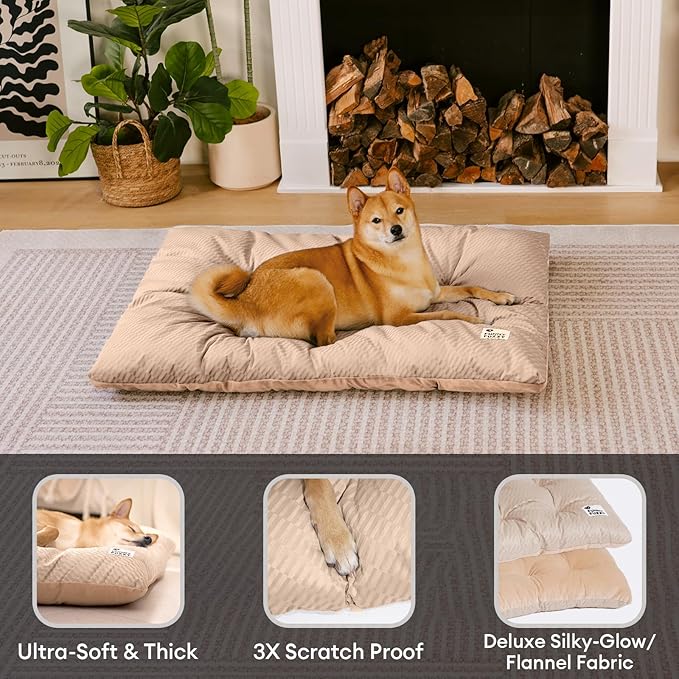 FUNNY FUZZY 2 in 1 Dog Bed Crate Pad Mat, Washable Reversible Pet Floor Mats,Fluffy Kennel Pad for Small Large Sized Dog,Indoor Cats,Sleeping Mattress, 23.6" × 17.9", Beige