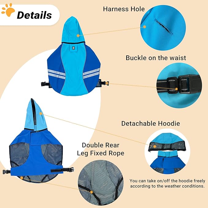 Dog Raincoat for Medium Large Extra Large Dogs, Waterproof Rain Jacket with Reflective Strap, Lightweight Hoodies Full-Body Coverage Dry Clothes (S, Blue)