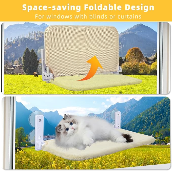 Cat Window Perch, Foldable Cat Window Hammock Sunbathing and Climbing Cats Hammock for Window Bed Bearing 40 Pounds Window Perch for Cats Inside 2-in-1 Reversible Cover (Beige)