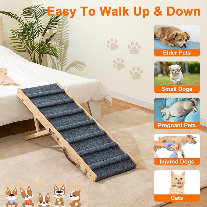 Clikuutory 2025 Upgraded Dog Ramp for Couch, 43.3" Foldable Small Dog Ramp for Bed, 4 Adjustable Height from 13" to 24", Portable Stable Pet Steps with Anti-Slip Carpet for Low Bed Couch Stairs, Wood