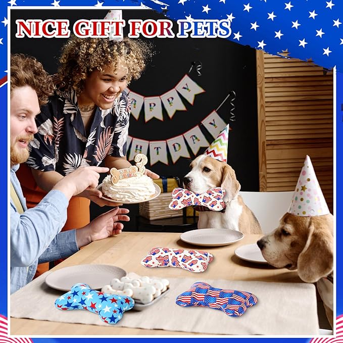 6 Pack Patriotic Dog Squeaky Bone Toys Plush Interactive Dog Pets Birthday Bone Shape Stuffed Chew Toys for Puppy Small Medium Large Squeak Toss Play