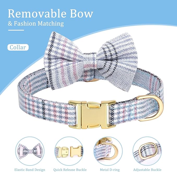 Beirui Cute Small Dog Harness Collar and Leash Set with Bowtie, Soft Adjustable Plaid Puppy Harness for Small Sized Dogs Cats Walks Parties and Photoshoots(Blue,S:Chest 17-23")