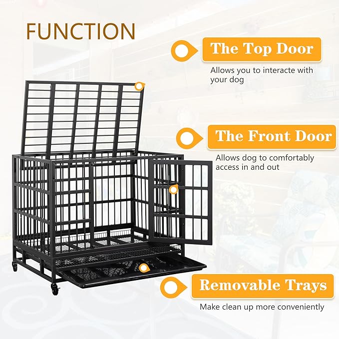 JY QAQA 38 Inch Heavy Duty Indestructible Dog Crate, Escape Proof Dog Cage Kennel with Lockable Wheels,High Anxiety Double Door Dog Crate, Xl Extra Large Crate Indoor for Large Dog with Removable Tray