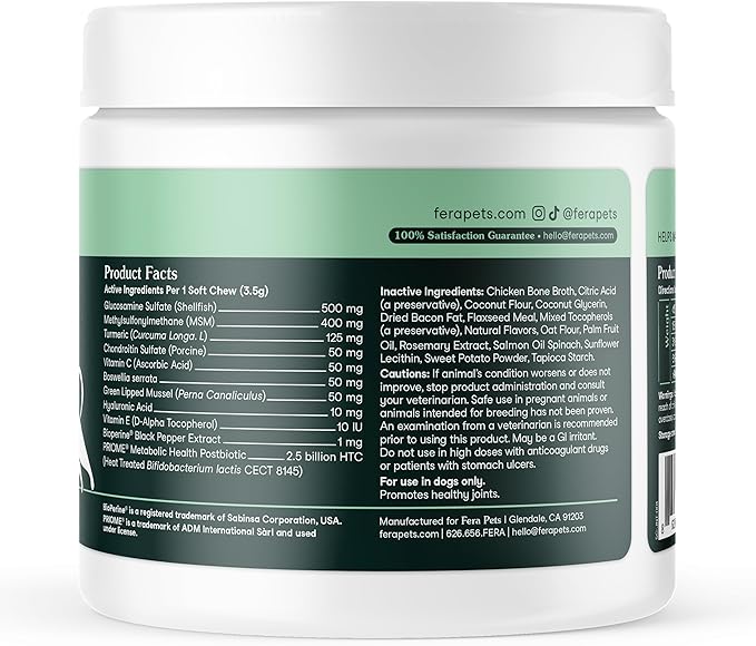 Fera Pets Hip & Joint Supplement for Dogs with Glucosamine, MSM, Chondroitin, & Green Lipped Mussel - Supports Healthy Joints and Weight Management - 90 Soft Chews