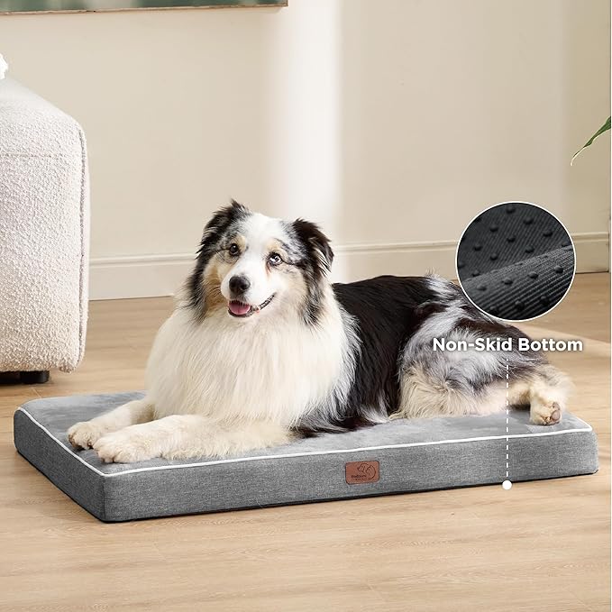 Bedsure Memory Foam Dog Beds Large Sized Dog - Orthopedic Pet Beds for Crate with Removable Washable Cover and Nonskid Bottom, Plush Flannel Fleece Top Pet Mat, Light Grey