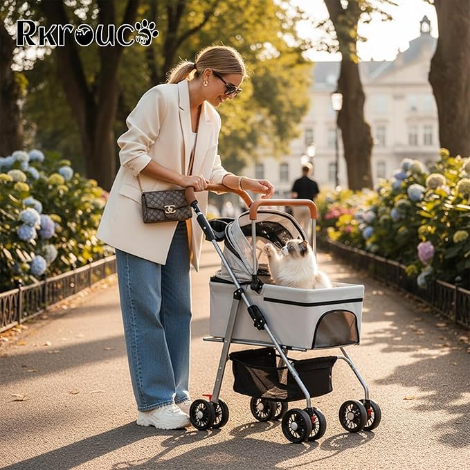 3 in 1 Dog Strollers 4 Wheels Folding Pet Stroller with Detachable Carrier Multifunction Portable Dogs Travel Carriers for Medium Small Puppy Kittens(White Gray)