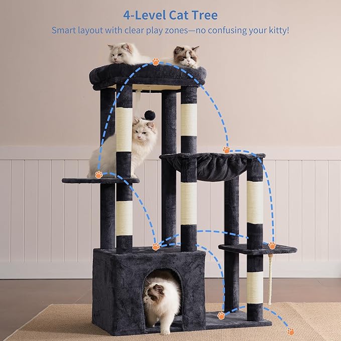 Heybly Heavy Duty Cat Tree, Tower for Indoor Cats large adult, Tall Cat Condo House with Extra-Large Baseboard, Multi-Level Plush Furniture with Scratching Posts, Hammock,Toy Balls, Smoky Gray HCT026G