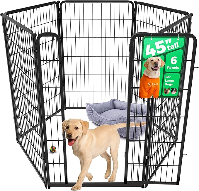 FXW Homeplus Unleashed Indoor Dog Playpen - Stress-Free and Safe Play, Heavy Duty 45 Inch 6 Panels Dog Pen for Large Dogs, Black│Patented