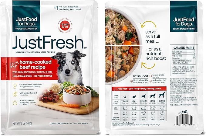 JustFoodForDogs JustFresh Wet Dog Food, Fresh Pet Meals and Toppers with No Preservatives, Resealable Package, Human Grade, Home-Cooked Beef and Chicken Variety, 12 oz - 7 Pack