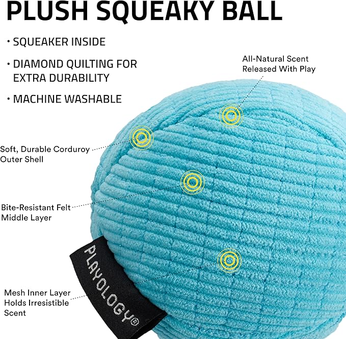 Playology Dog Toys | Squeaky Plush Toy Ball for Dogs | Medium Peanut Butter Scented Toy - Easy to Clean and Made from Non Toxic Materials