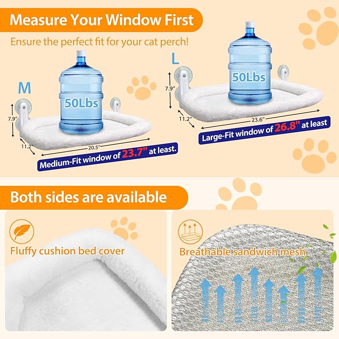 L&W BROS. Cat Window Perch Cushion Bed Cat Window Hammock with 4 Updated Suction Cups Easy to Assemble Cat Window Bed for Heavy Large Cats (M 1Pc)