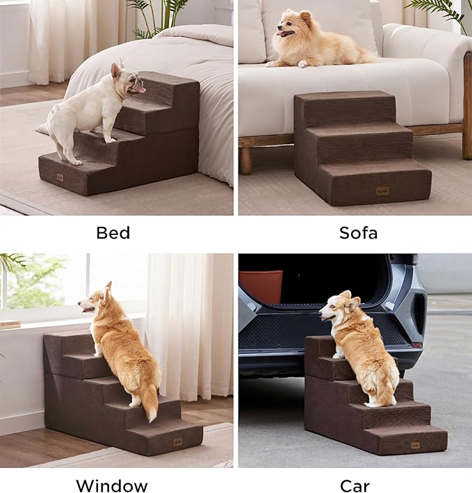 Made4Pets Dog Stairs for High Bed, Extra Wide Pet Stairs for Bed Couch Sofa, 35D Foam Pet Steps for Small Dogs and Cats(Up to 40lbs), Non-Slip Bottom Dog Steps, Brown, 5 Steps