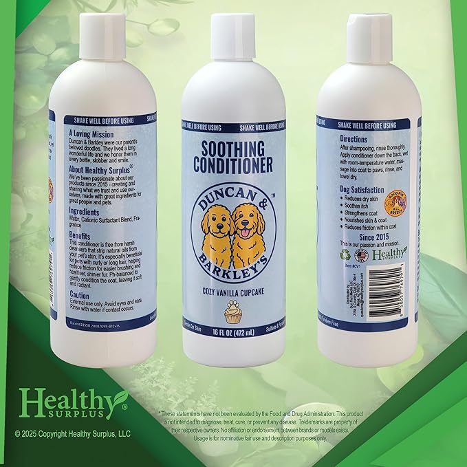 Duncan & Barkley’s Oatmeal & Aloe Dog Shampoo and Conditioner 16 Oz Bottles - Cozy Vanilla Cupcake Scent, Gentle Pet Wash for Sensitive Skin and Vital Volumes Tips Card - Bundle