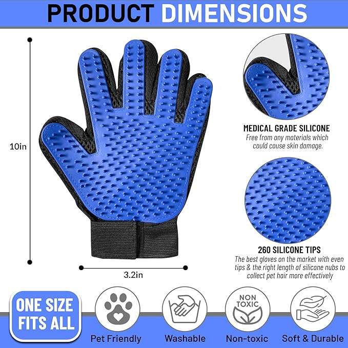 Upgrade Pet Grooming Gloves, Grooming Gloves for Dogs, Cats, Rabbits & Horses with Long and Short Hair, Efficient Pets Hair Remover Mittens - 1 Pair (Blue)