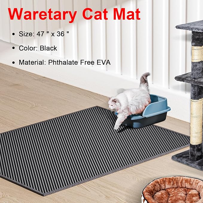 Cat Litter Box Mat: 47"x 36" Waterproof Kitty Cat Litter Trapping Mat, Easy-clean Double-layer Scatter Control Pad Rug (Black)