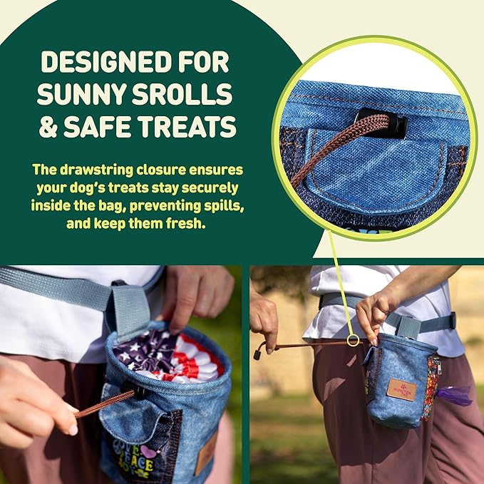 INSPECTOR TAIL Dog Treat Pouch w Cord Closure to Prevent Spills | 2 Cup Size | Hands Free - 4 Ways to Wear Tote | Pockets for Snacks Toys Poop Bags Keys Cards | Pet Training Walking & Rewarding Holder