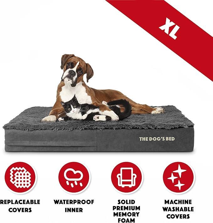 The Dog’s Bed Orthopedic Memory Foam Dog Bed, XL Grey Fur, Pain Relief for Arthritis, Hip & Elbow Dysplasia, Post Surgery, Lameness, Supportive, Calming, Waterproof Washable Cover
