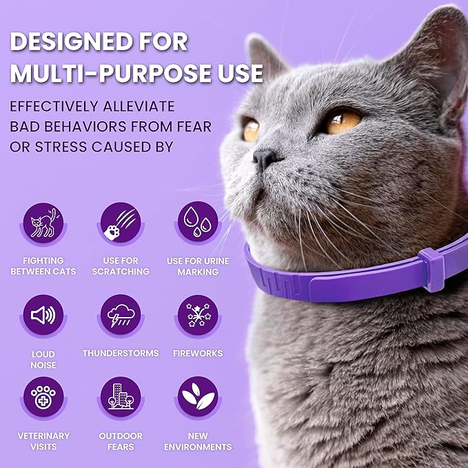 Calming Collar for Cats: Pheromone-Infused Behavior Support, Long-Lasting 30-Day Effect, Adjustable & Waterproof, 4-Pack (M Purple)