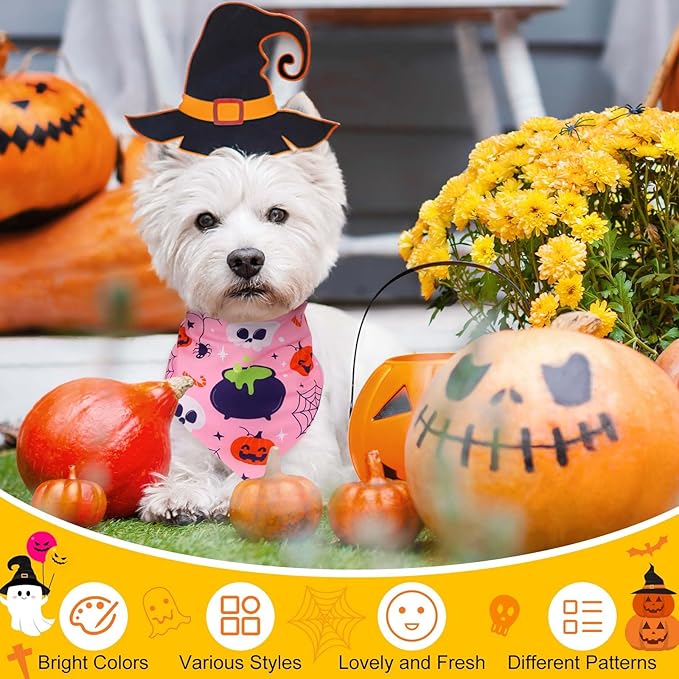 120 Pcs Halloween Dog Bandanas Bulk Pumpkin Ghosts Skeleton Pet Bandanas Dog Handkerchiefs Halloween Scarf Bibs Triangle Bibs Adjustable Kerchief Pet Grooming Costume Accessories