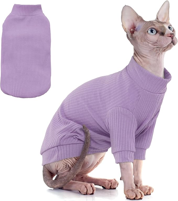 PUMYPOREITY Cat Clothes: Stretchy Cat Shirt & Sweater with Sleeves for Sphynx, Devon Rex & More - Purple, XS