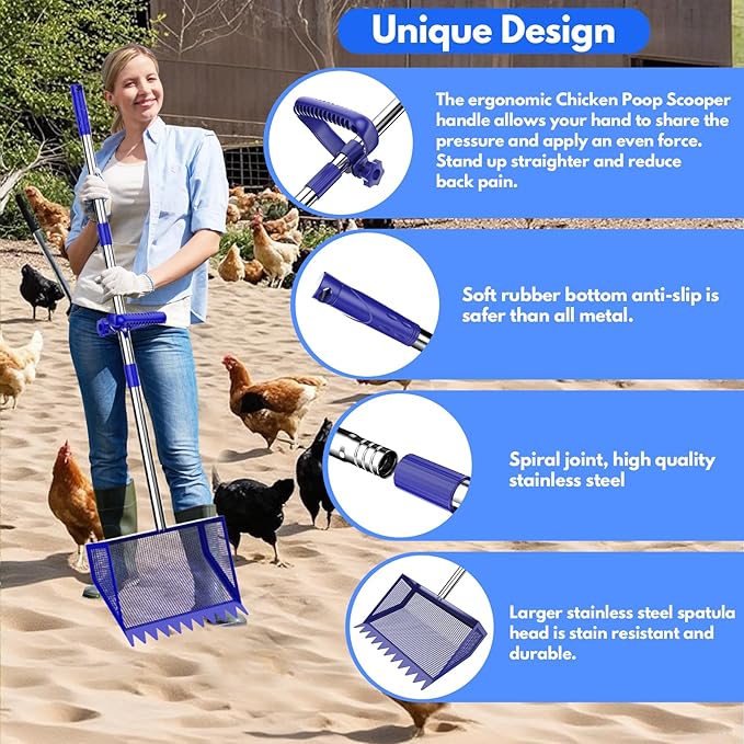 Chicken Poop Scooper & Rake 2-in-1, 304 Stainless Steel Shovel Head, Chicken Litter Scoop with Handle for Chicken Coop & Pet Waste Cleaning, Litter Sifting Shovel (35 to 65") US Patent Pending