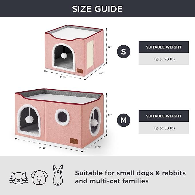 Bedsure Large Cat Beds for Indoor Cats - Extra Wide Cat Cube House for Small Pet with Fluffy Ball Hanging and Scratch Pad, Foldable Pet Cave Hideaway for Multiple Cats, 23.6x16.9x13 inches,Pink