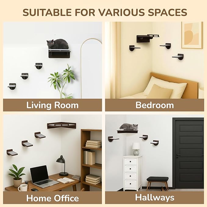 45LBS Capacity Cat Window Perch with Bolster, Hammock Seat with Premium Plywood & Metal Frame, Cat Window Bed for Indoor Cats & Kittens, Extra Cood Pad (Walnut, Cat Wall Steps)