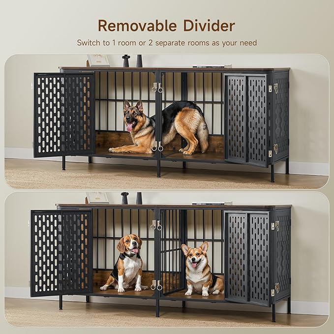 ONBRILL 71" Dog Crate Furniture for 2 Dogs, Indoor Heavy Duty Dog Crate with Removable Divider and 4 Doors, Escape Proof Pet Cage, XXL Thicken Wooden Kennel TV Stand for Medium Large Dogs,Brown