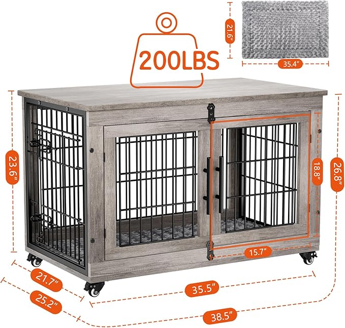Lulive Dog Crate Furniture Set of 2, Dog Kennel Indoor Double Doors Wooden Dog Cage, 38'' Heavy Duty Dog Crate with Cushion & Wheels, End Table Pet House Chew-Resistant Up to 70 lb, Grey